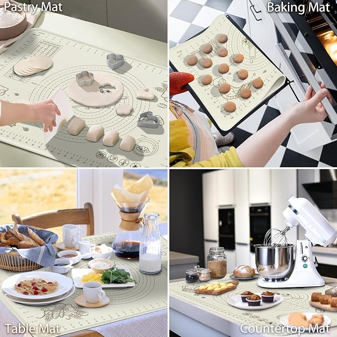 Silicone Baking Mat 24" x 16" Extra Thickness Dough Rolling Mat with Measurements and Edge Heightening, Non-stick Food Grade Silicone Pastry Mat for Pastry, Bread, Cookies, Pizza, Fondant, Pasta