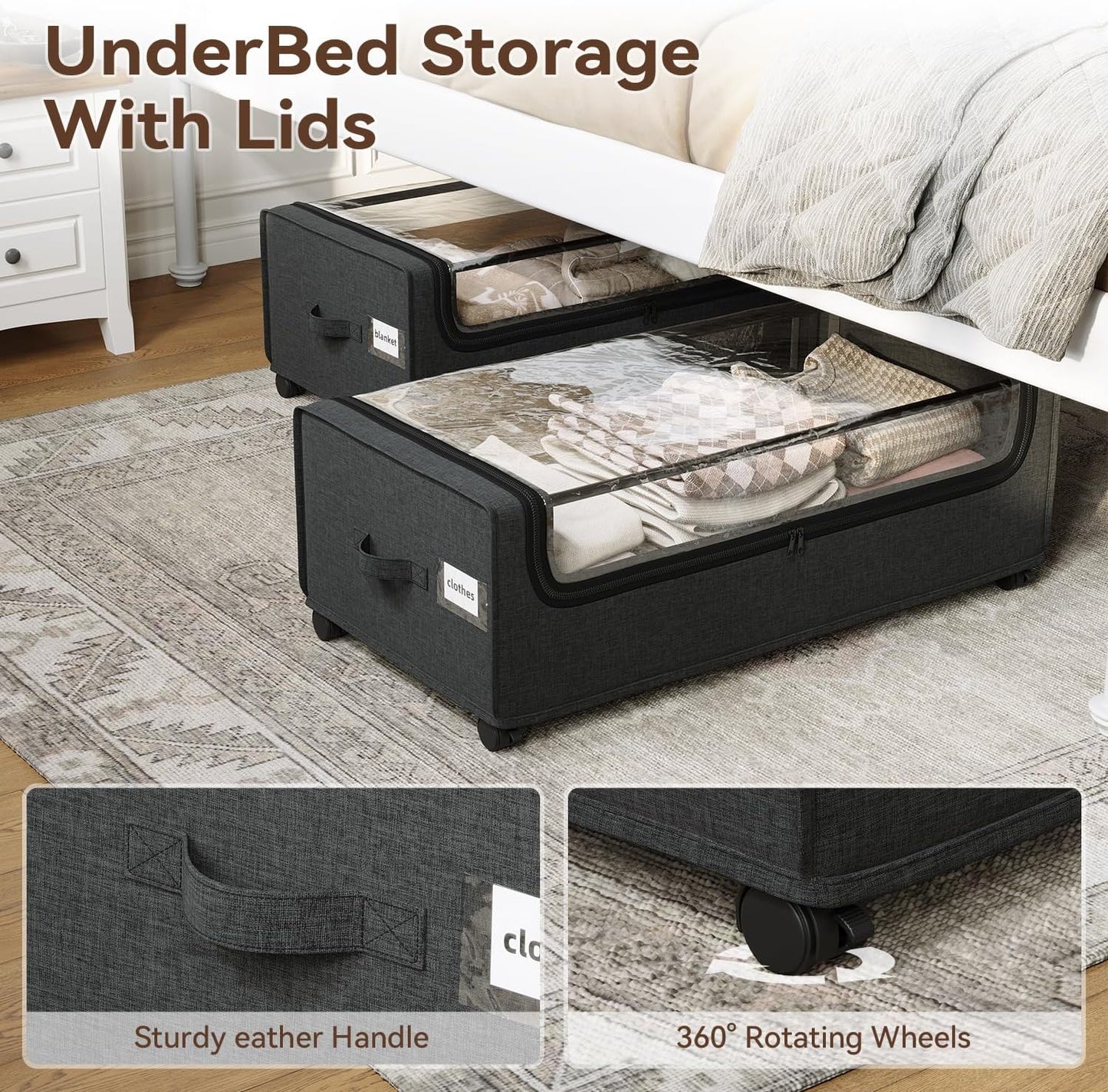 Under Bed Storage With Wheels, Tall Under The Bed Storage Containers With Lids, Underbed Shoe Storage Organizer, Metal Frame, Large Size, 90L
