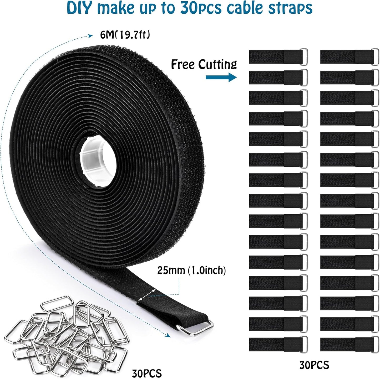 1"x19.7ft Hook and Loop Straps with 30 Buckles Adjustable Cut-to-Length Cable Ties - Reusable Nylon Fastening Tape Cable Straps for Storage or Organization (1in x 19.7ft)