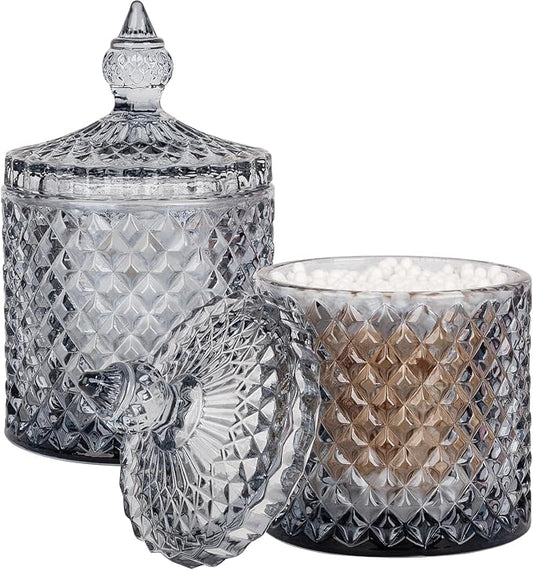 rejomiik 2 Pack Qtip Holder Thick Glass Apothecary Jars with Lid for Bathroom Decor Storage Organizer for Cotton Swabs, Balls, Pads, Floss Picks, Candy, Jewelry, Grey