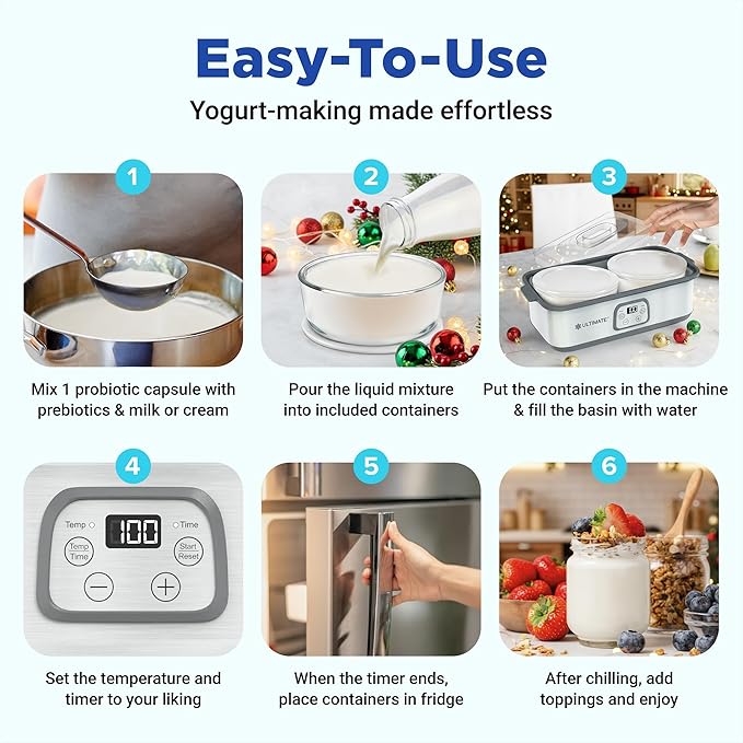 Ultimate Probiotic Yogurt Maker with Adjustable Time & Temp Control - Make Trillions of Live Probiotics with Two 1-Quart Containers for Larger Batches - Greek Yogurt Maker - ULTIMATE LIFETIME WARRANTY