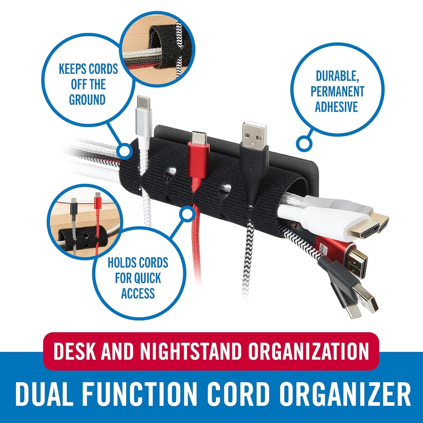 VELCRO Brand Cord Organizer for Desk & Nightstand, Stocking Stuffers for Adults, 5 Cable Slots with Sleeve Routing, Adhesive Wire Holder for Cord Management, Home, Office & Gaming, Black 2 Pack