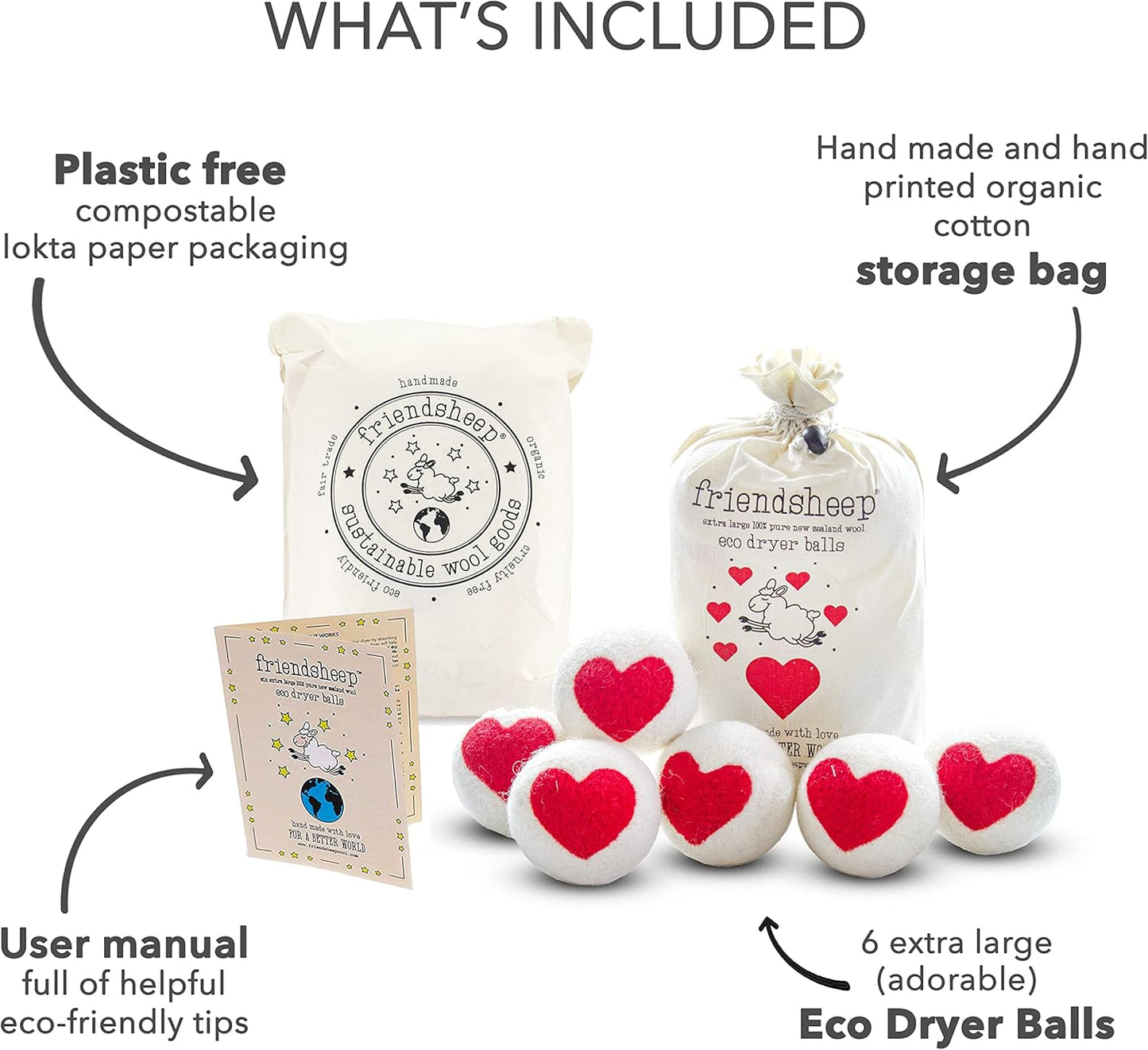 Friendsheep Wool Dryer Balls, Organic Reusable Fabric Softener Alternative for Laundry, Handmade, Fair Trade, Hypoallergenic, Eco-Friendly, Plastic-Free (6 Pack XL – One Love)