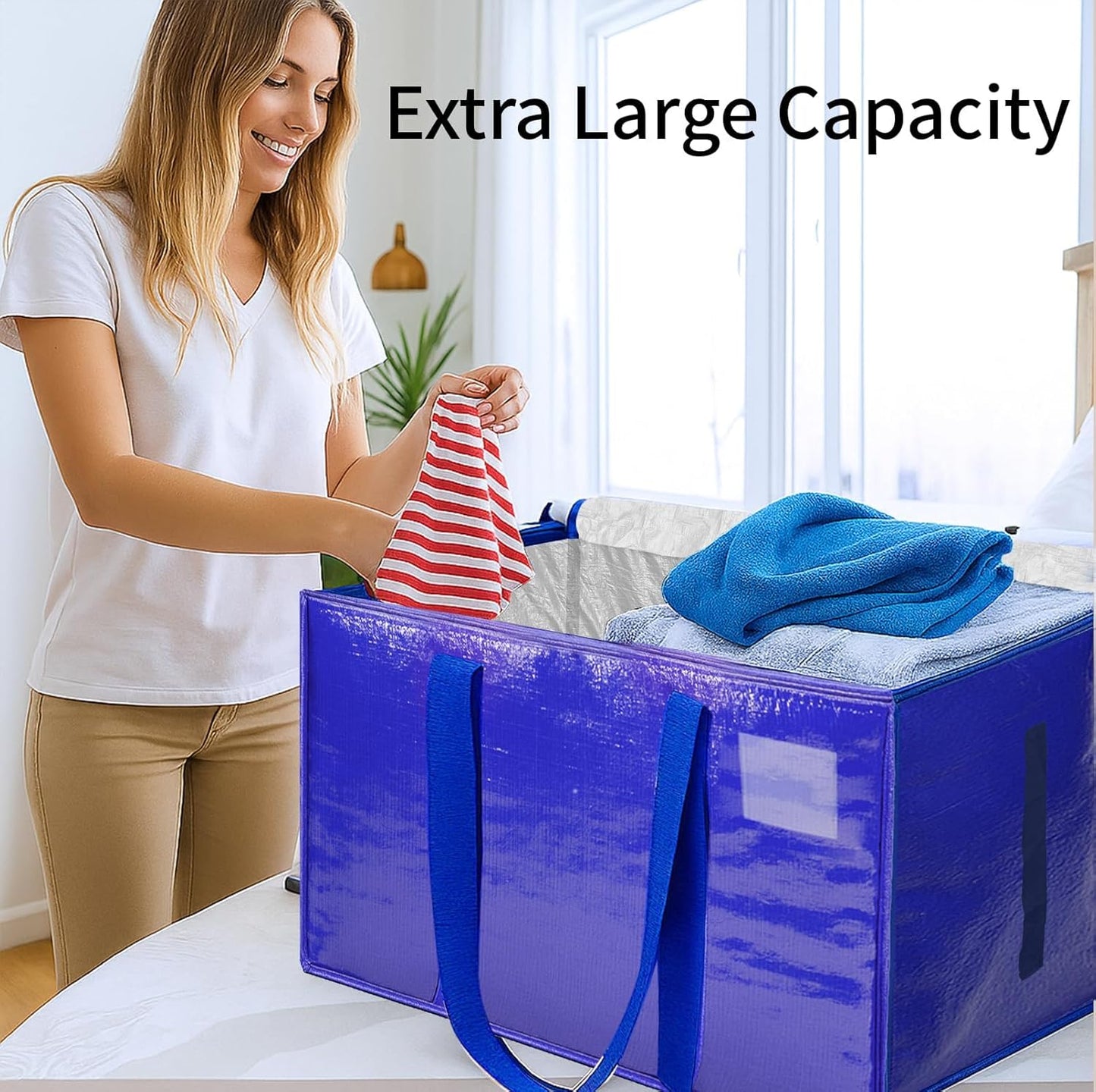 4 Pack-Extra Large Heavy Duty Moving Bags - Waterproof Storage Totes with Handles & Zippers, Foldable for College Dorm, Storage (Blue)