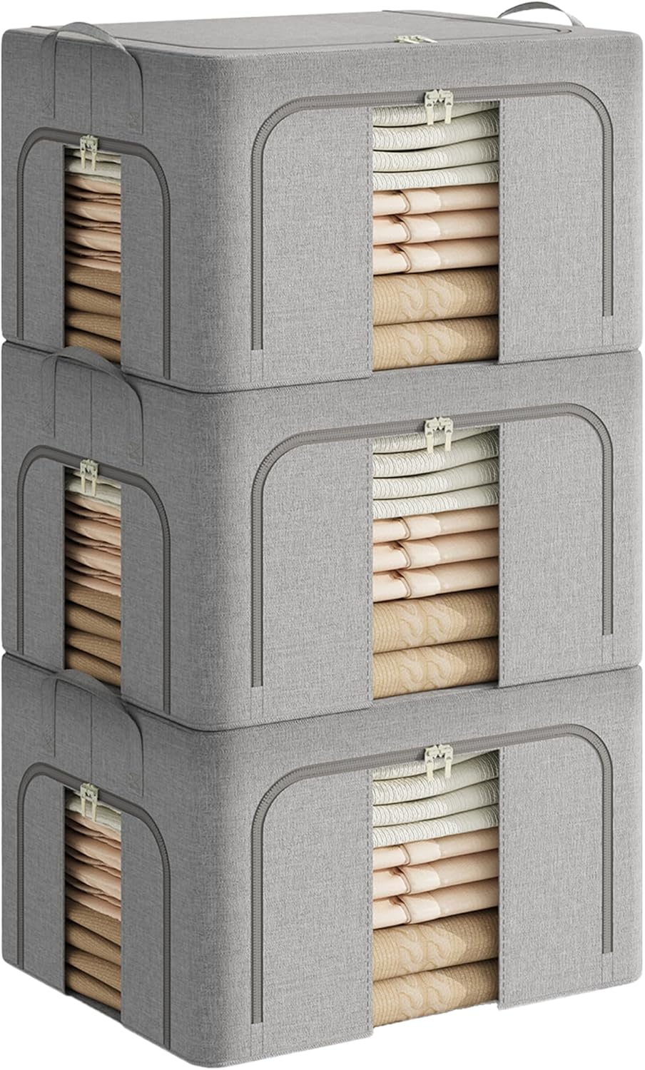 Pinkpum 3 Pack Clothes Storage Bins with Metal Frame, Closet Organizers and Storage Boxes, Sturdy Stackable & Foldable Clothes Organizer Bags with Clear Window & Long Carry Handles, Grey 40L