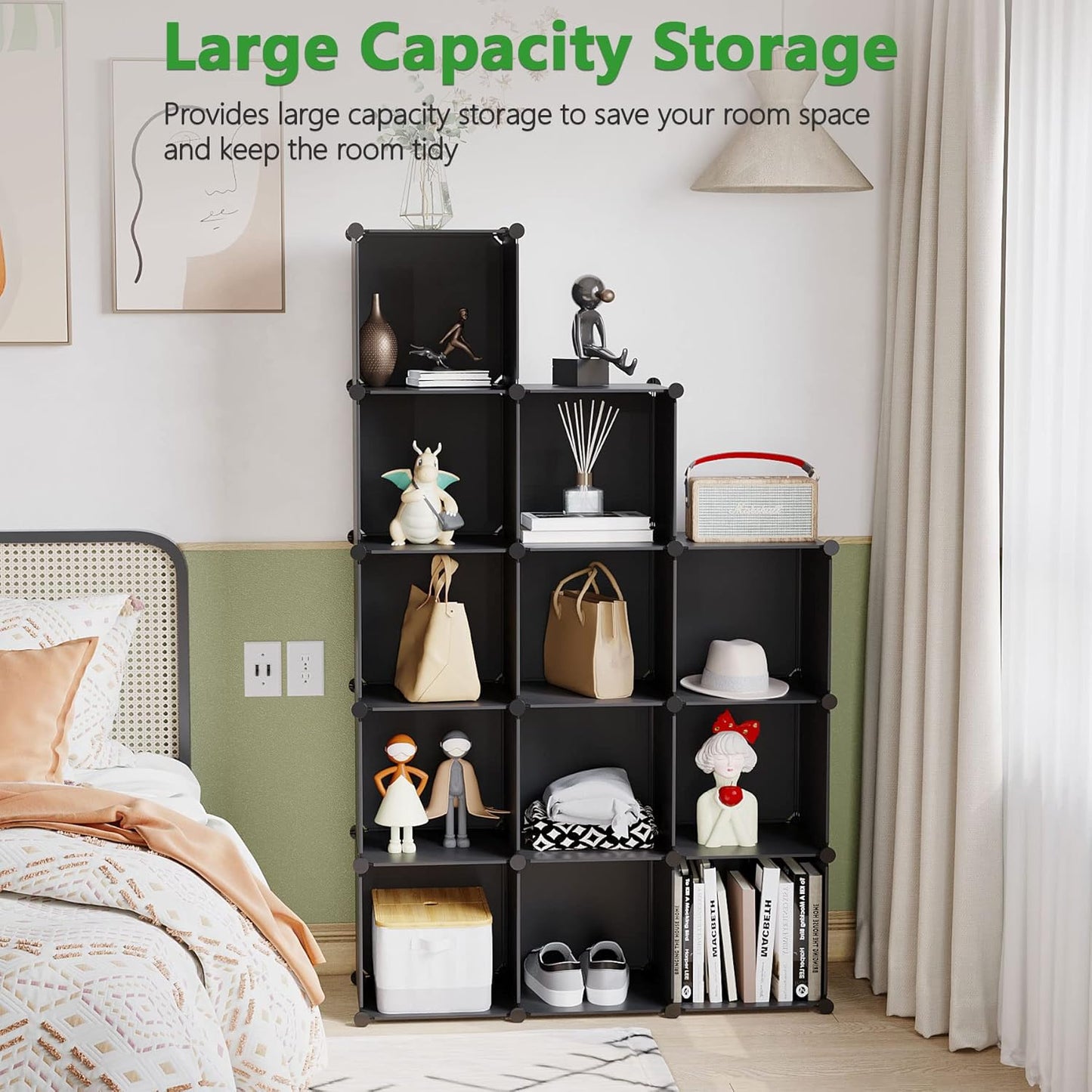 C&AHOME Cube Storage Organizer, 12-Cube Shelves Units, Closet Cabinet, DIY Plastic Modular Book Shelf, Ideal for Bedroom, Living Room, Office, 36.6" L x 12.4" W x 48.4" H Black SHS3012B