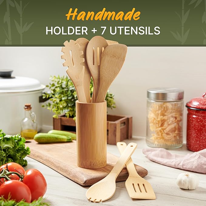 Bamboo Utensils 7 PCs with Holder – Bamboo Cooking Utensils Set + Holder for Nonstick – Wooden Spoon Sets for Cooking – Easy to Clean, Sturdy, Lightweight & Heat Resistant
