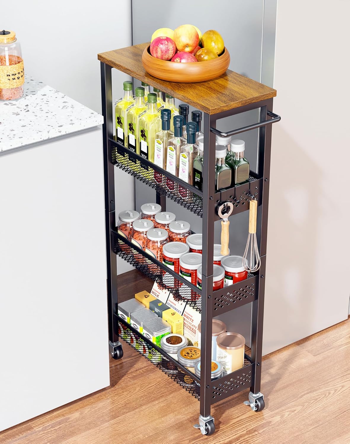 Utility Slim Storage Cart, 4 Tier Small Rolling Kitchen Laundry Room Cart with Wood Top, Metal Narrow Bathroom Storage Cabinet Mobile Shelf Unit Organizer Trolley with Handle for Narrow Space