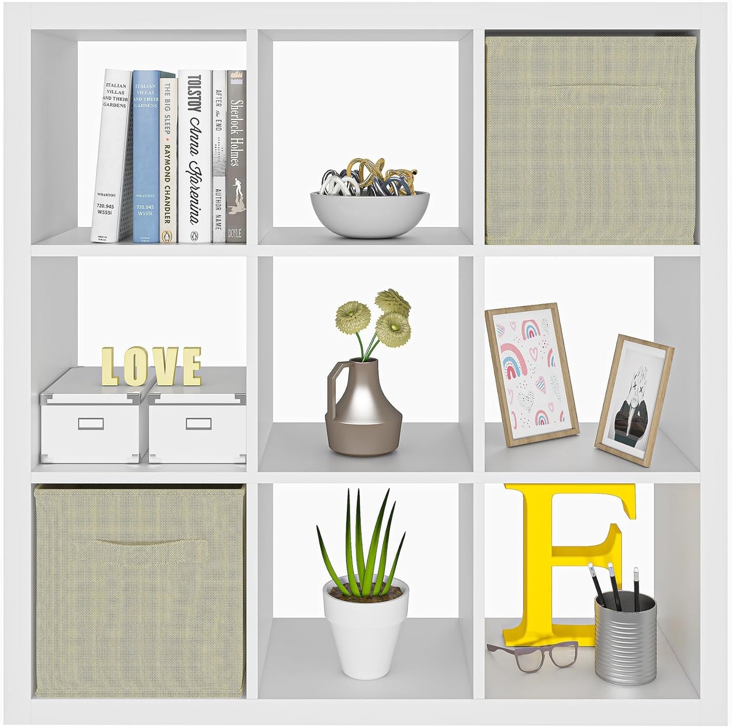 Bookshelf with Storage Bins, 9-Cube Storage Organizer Sturdy Wooden Bookcase Open Book Shelf, Multifunctional Cubicle Rack for Storages & Display, Furniture for Living Room Bedroom Office, White