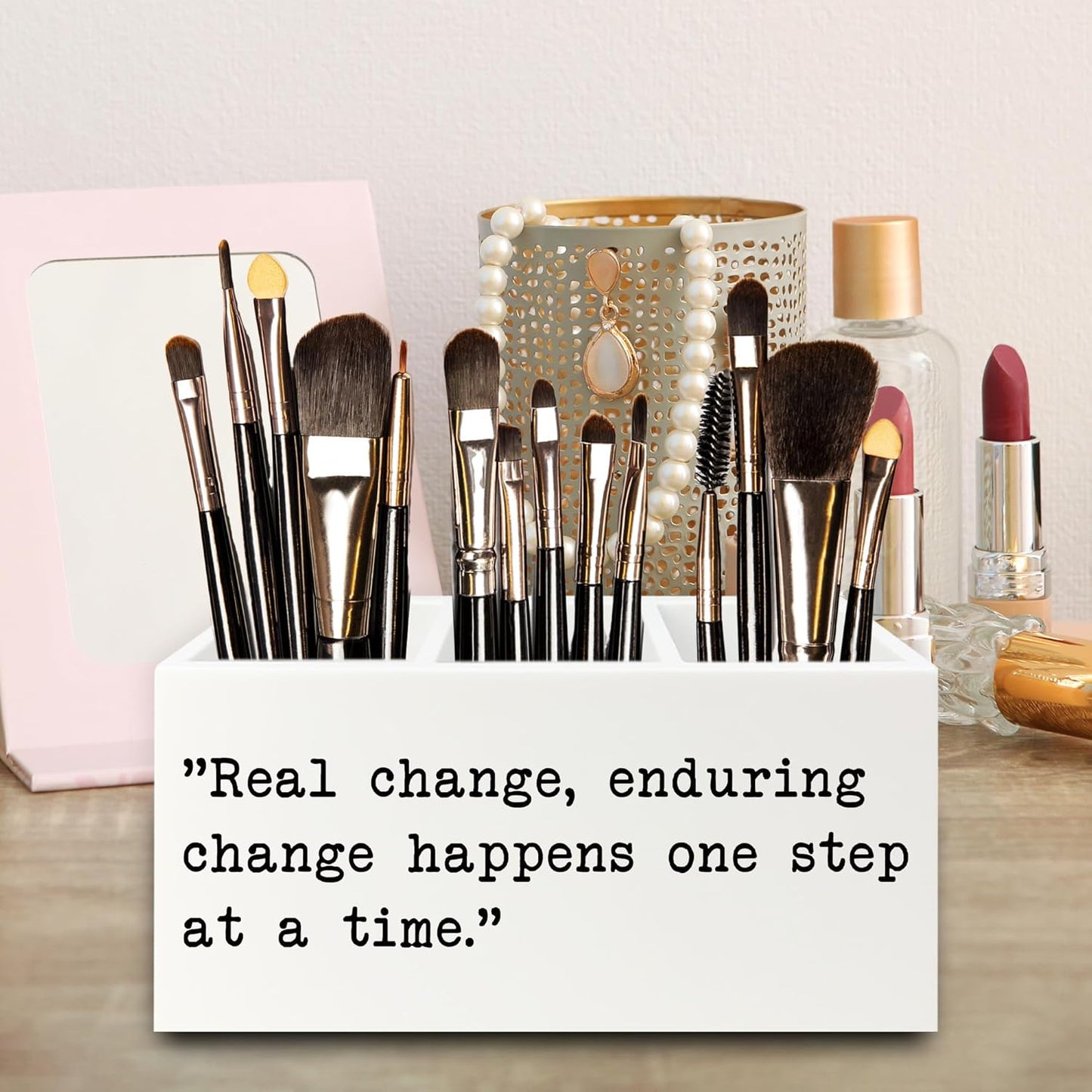 Inspirational Gifts Pen Pencil Holder Organizer for Desk, Inspirational Gifts for Women Men Wooden Box Signs Decorations for Home Office Desk Tabletop, Motivational Decor