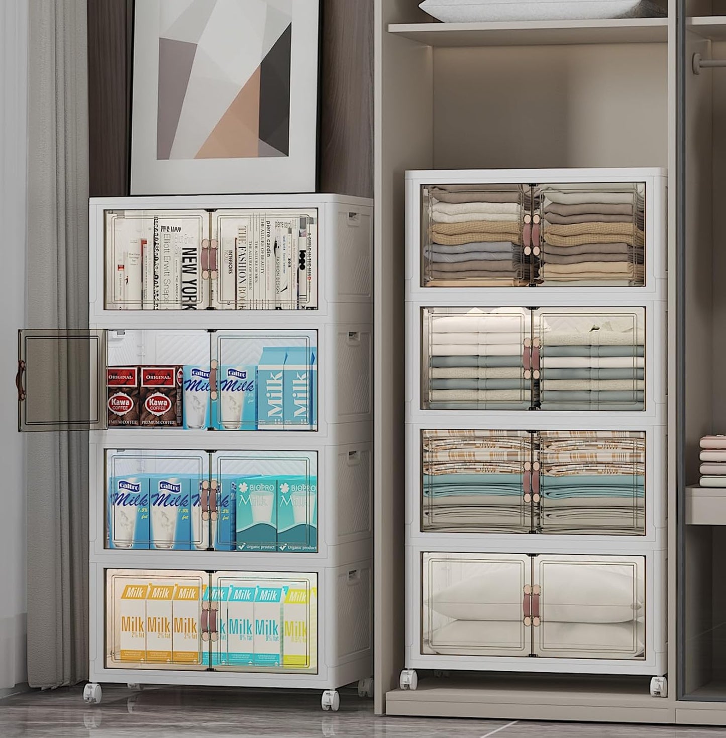 Extra Large Stackable Storage Bins with Lids & Wheels & Door, 416QT-52QT/13GAL*8Pack Foldable Collapsible Closet Organizers, Plastic containers drawers for bedroom Dorm