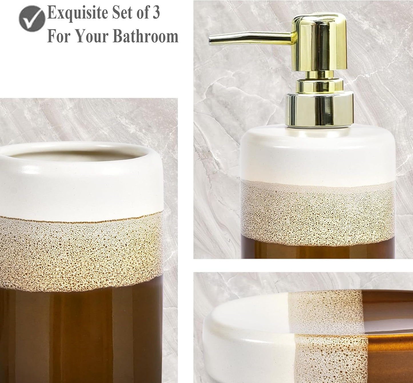 Bathroom Accessories Set of 3, Natural Reactive Glaze Ceramic Bathroom Sets Complete-Toothbrush Holders, Soap Dispenser, Soap Dish, Luxury Bathroom Decor, Bathroom Countertop Organizer, Brown Gold