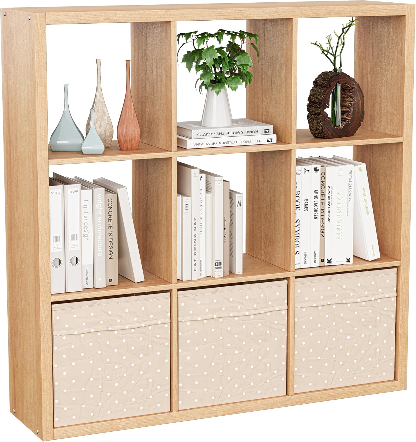 Cube Storage Organizer Bookcase, Decorative 11 inch Open Back Cubical Shelf with Thickened Border, Display Bookshelf for Living Room, Home Office, Sturdy Room (Natural Oak, 9 Cube)