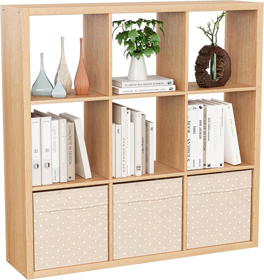 Cube Storage Organizer Bookcase, Decorative 11 inch Open Back Cubical Shelf with Thickened Border, Display Bookshelf for Living Room, Home Office, Sturdy Room (Natural Oak, 9 Cube)