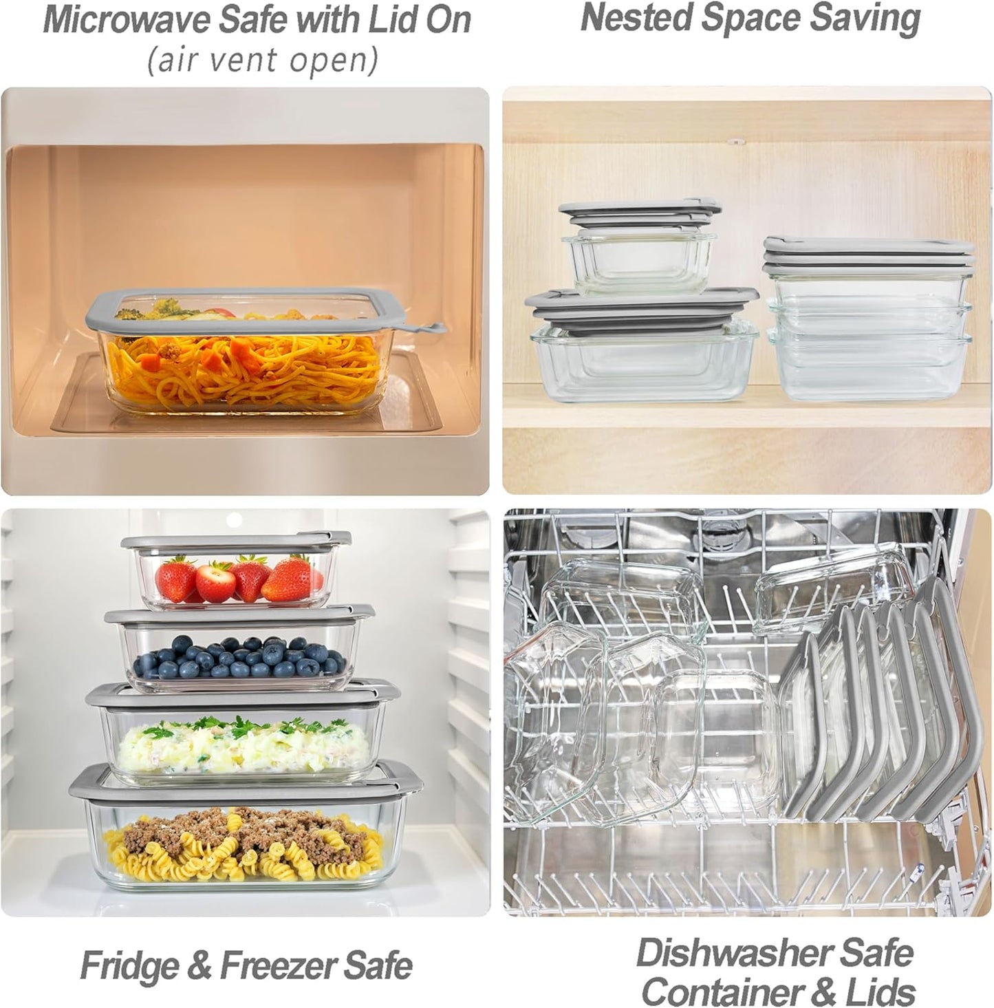 Glass Food Containers with Glass Lid, Microwave Safe Food Storage Container Set, 6 Pack Square Shape, Large Size Airtight Storage Set with Leak Proof Lids, Meal Prep Containers