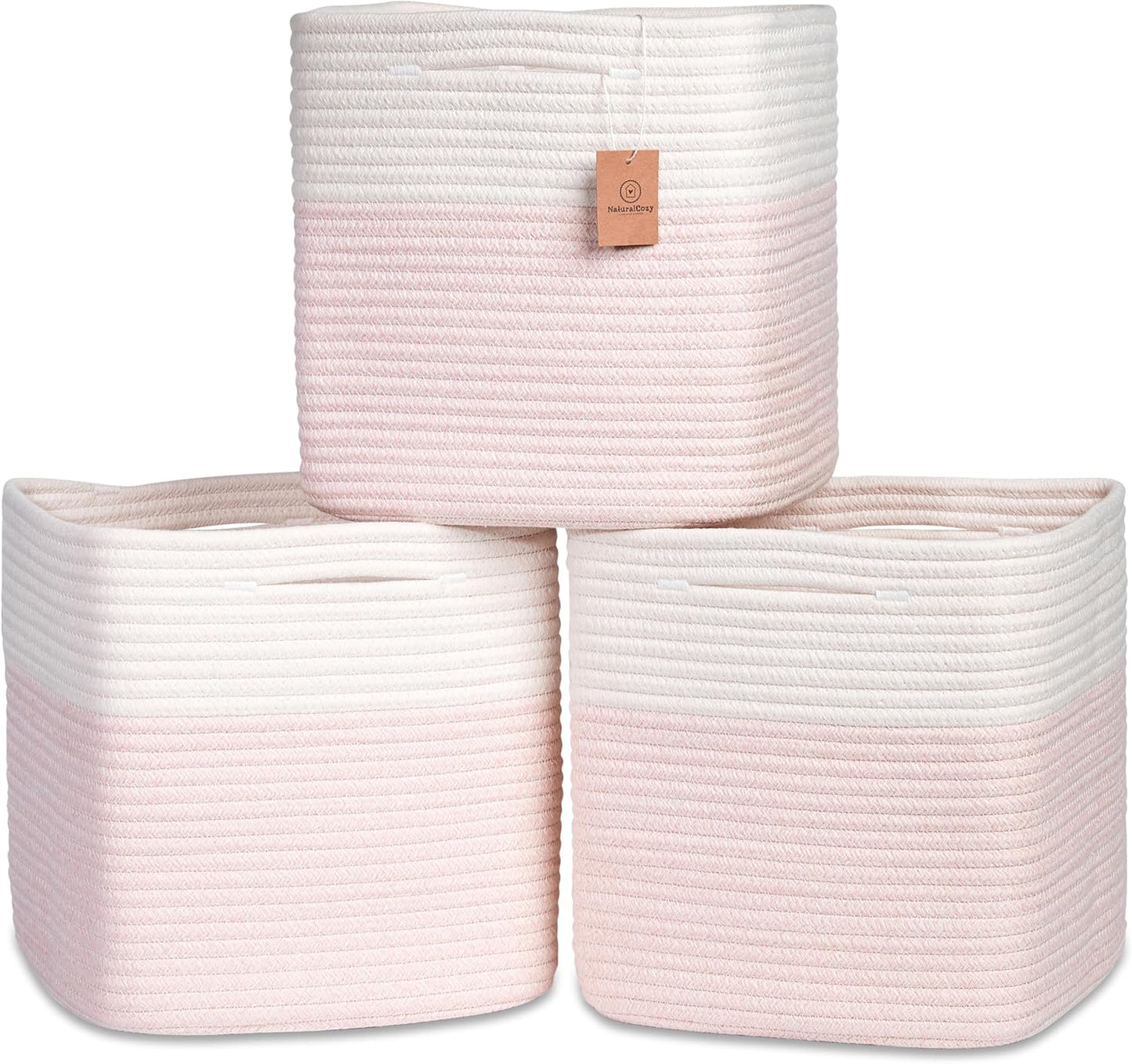NaturalCozy 13 Inch Cube Storage Bins Cotton Rope Woven Baskets for Organizing 3-Pack | 13 x 13 Storage Cubes | Fabric Square Storage Baskets for Shelves Organizer, Kids Toy Bins, Closet Baby Nursery