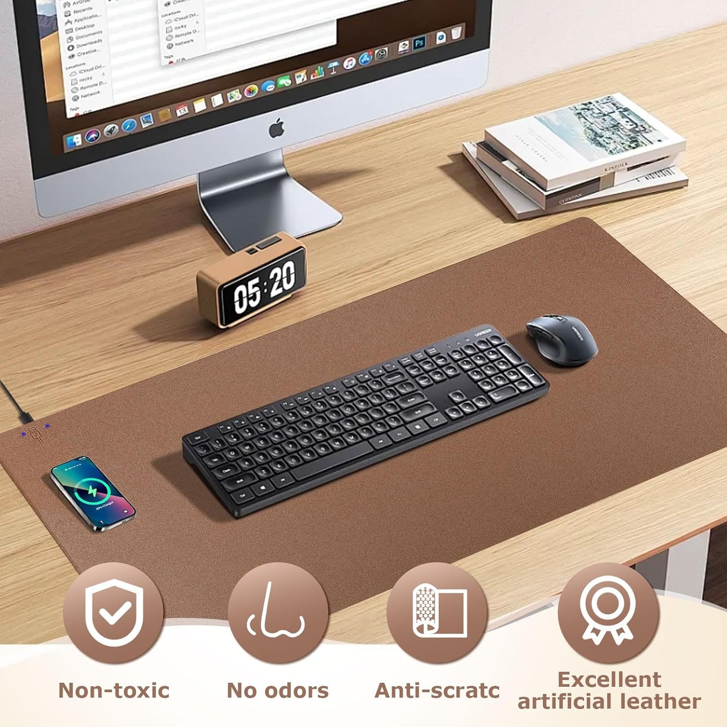 Wireless Charging Mouse Pad Firelison 2 in 1 Leather Multifunctional Office Desk Pad with Non-Slip Rubber Base, Waterproof Desk pad for Computers/Office/Work/Home/Decor（ 36" x 17"Buff - L）