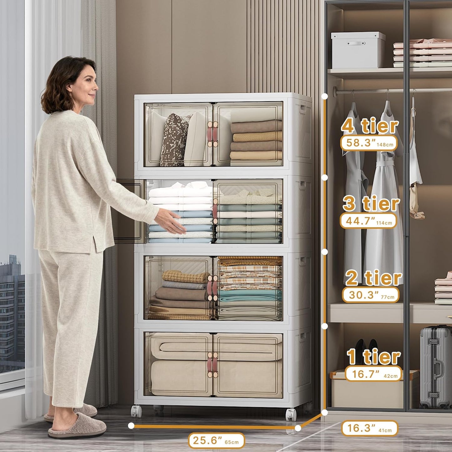 Extra Large Stackable Storage Bins with Lids & Wheels & Door, 448QT-112QT/28GAL*4Pack Foldable Collapsible Closet Organizers, Plastic containers drawers for bedroom Dorm