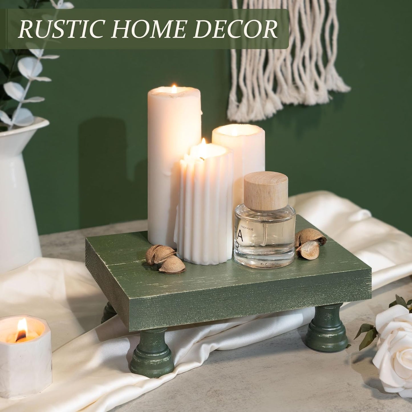 EOSAHR Pine Wood Riser Display Stand for Coffee Table – Stylish Pedestal Stand to Showcase Your Bathroom Accessories – Farmhouse Home Decor for Displaying Plant, Cupcakes and Soap Dish (Green)