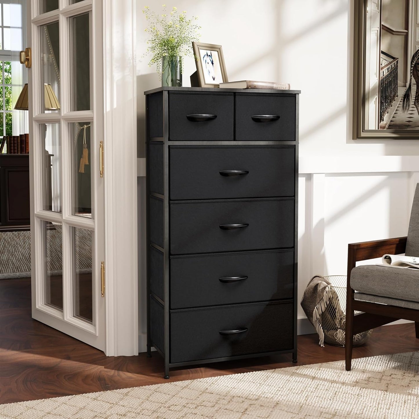Fabric Dresser for Bedroom, Tall Skinny Dresser with 6 Drawers, Storage Organizer Tower, Steel Frame Wooden Top for Closet, Living Room, Hallway, Nursery(Black)