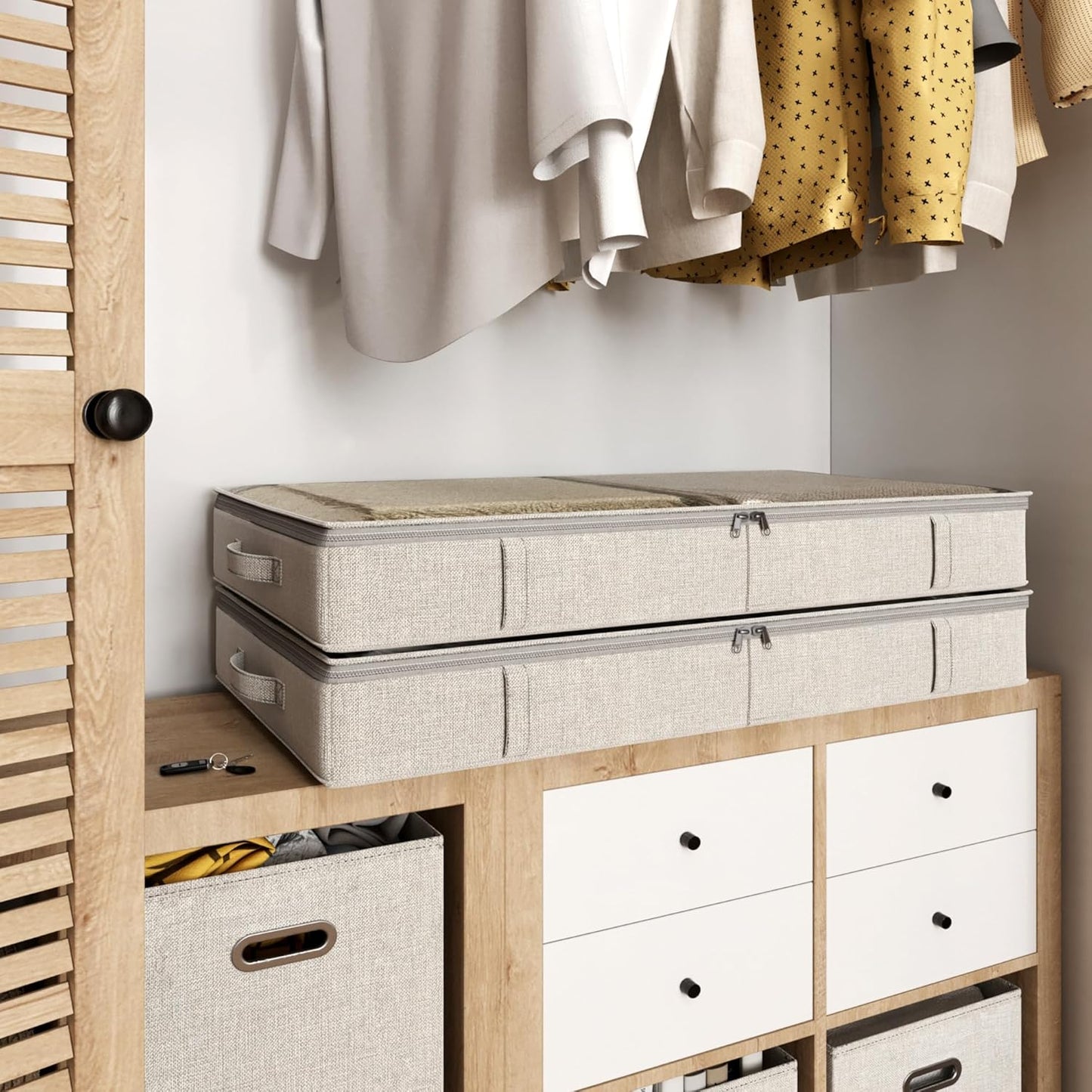 Light Gray & White Low Profile Under Bed Storage Containers 5 inches high, 33.8"x 17.7"x 5.1", Sturdy Underbed Shoe Storage Organizer, Foldable Fabric Under the Bed Storage Bins - Pack of 2