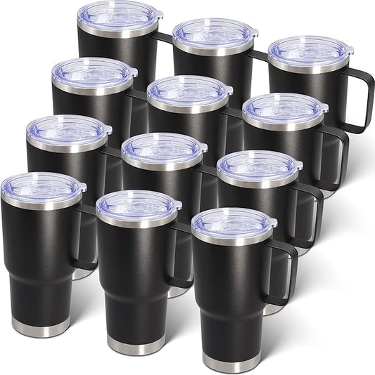 20 oz Tumbler with Handle and Lid, Stainless Steel Tumbler Insulated Travel Coffee Mug, Spill Proof Double Wall Vacuum Tumbler Cup Keep Drink Hot & Cold, Black, 12 Pack