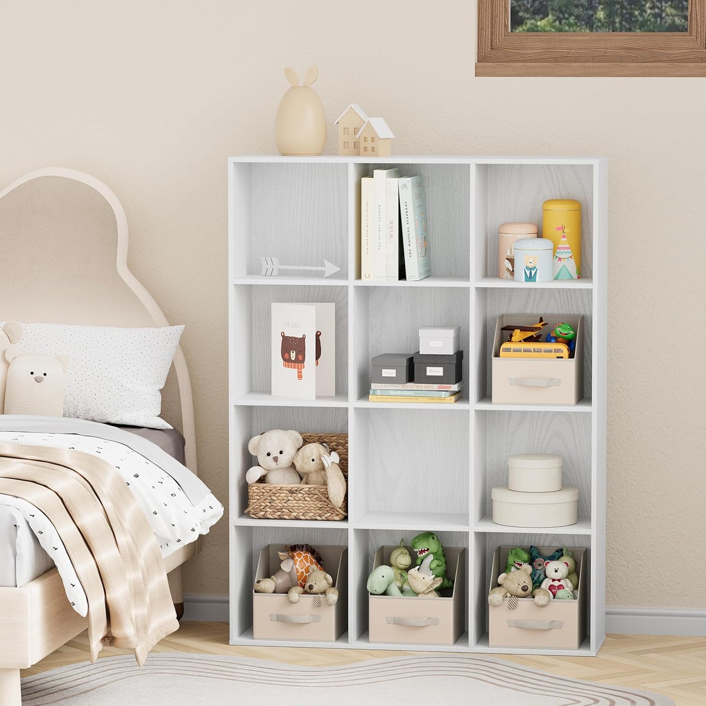 9 Cube Storage Organizer, Wooden Cube Shelves with Closed Back Panel, Reversible Bookcase, Toy Organizers and Storage for Home, Living Room, Kids Room, Office, 35.98" L x 9.45" W x 35.91" H, White