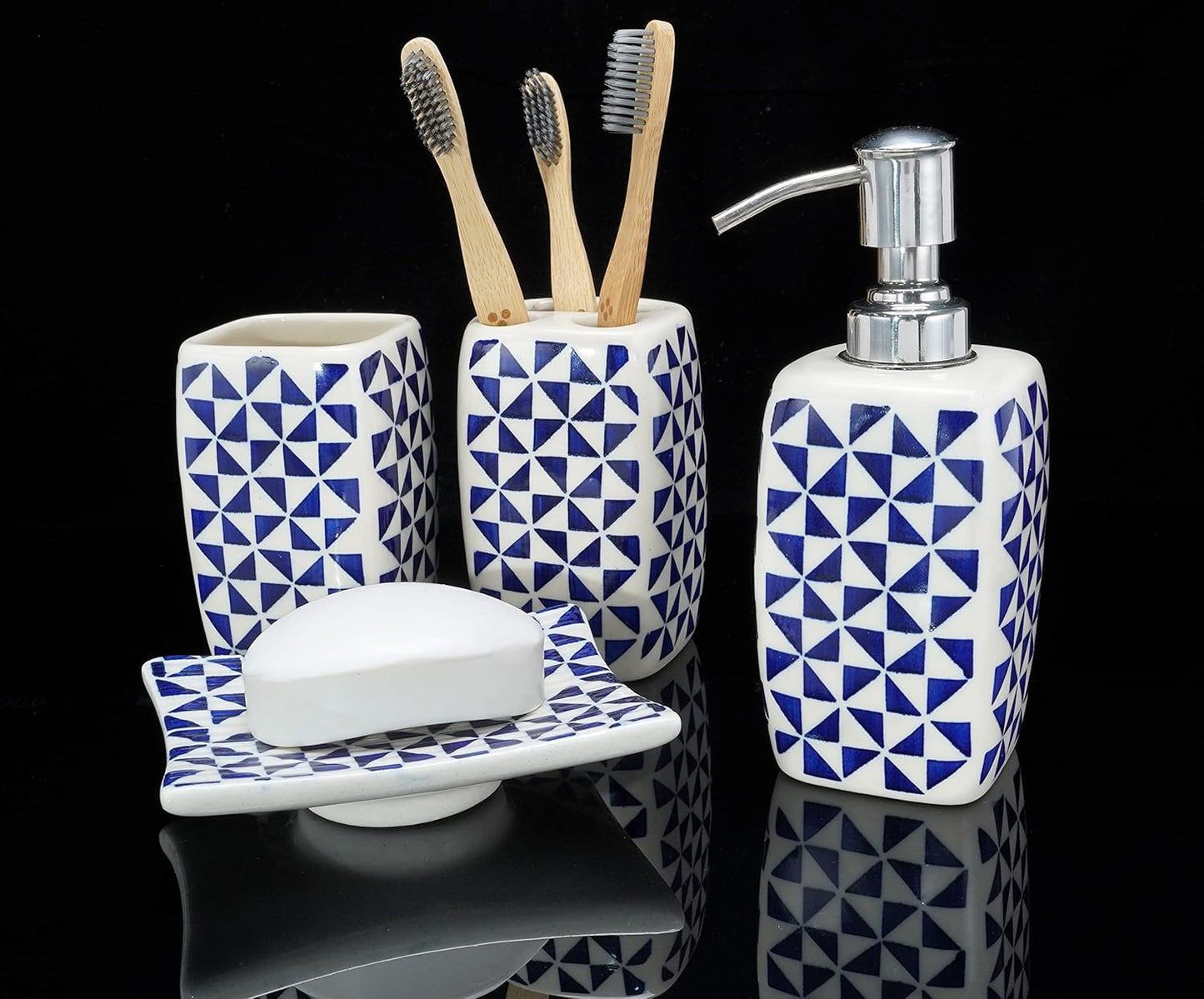 Crocon Handmade Ceramic Bathroom Accessories Set of 4 Soap Dispenser Toothbrush Stand Soap Dish/Tray Tumbler Home Decoration Bathroom Countertop Vanity Organizer Complete Bath Luxury Accessory