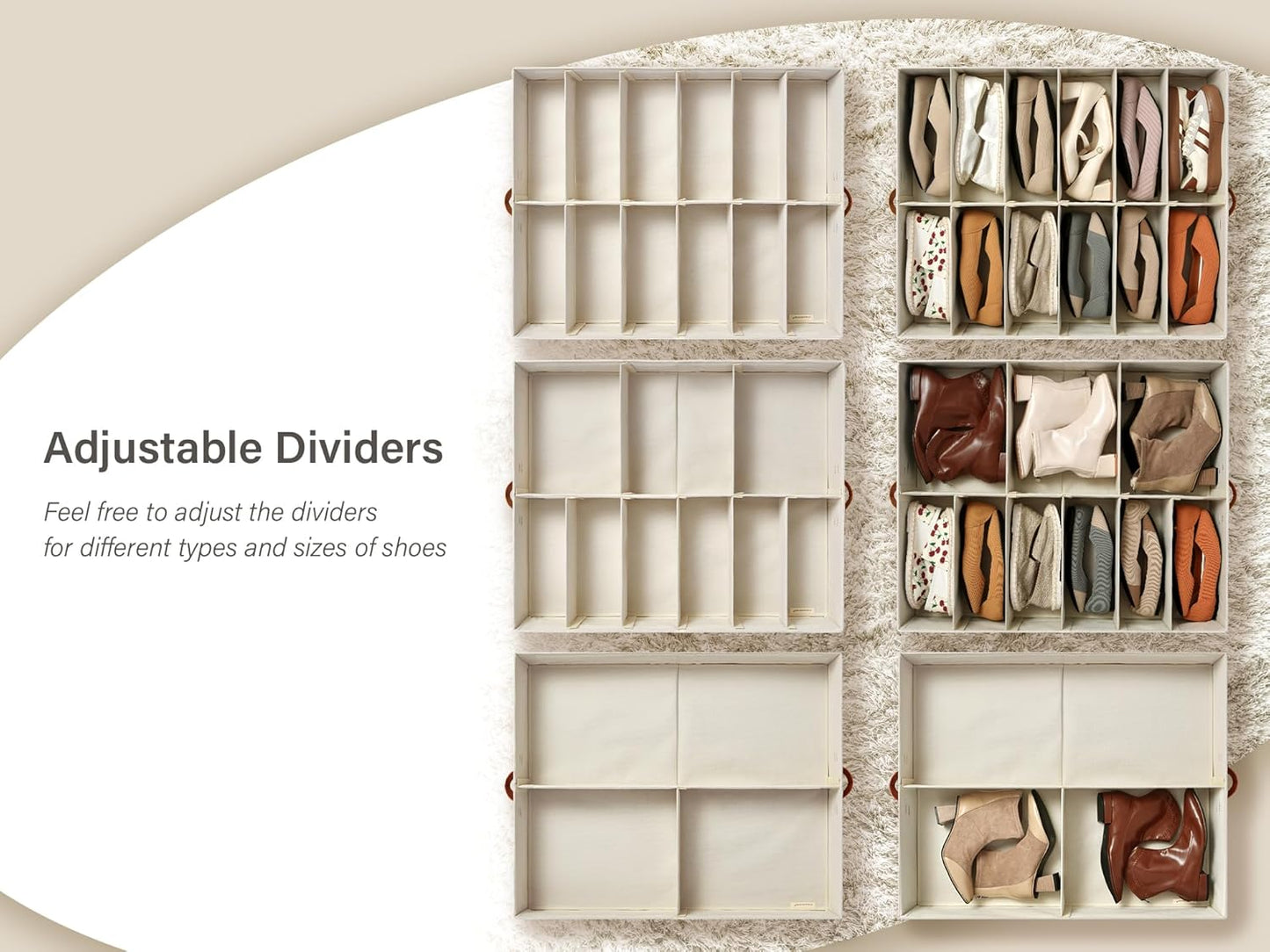 StorageWorks Shoe Organizer Under Bed for Closet, 2-Pack Ultra-thick Fabric Shoe Storage Containers with Bottom Support and Adjustable Dividers, Fits up to 24 Pairs, Brown