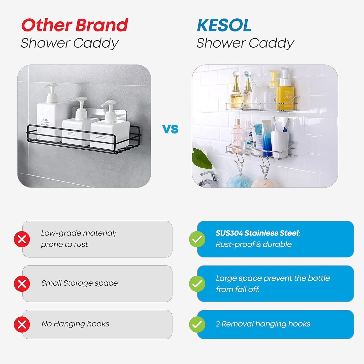 KESOL Adhesive Shower Caddy Shower Shelf Organizer for Bathroom Organization with Hooks, SUS304 Stainless Steel, 2 Pack (Silver)