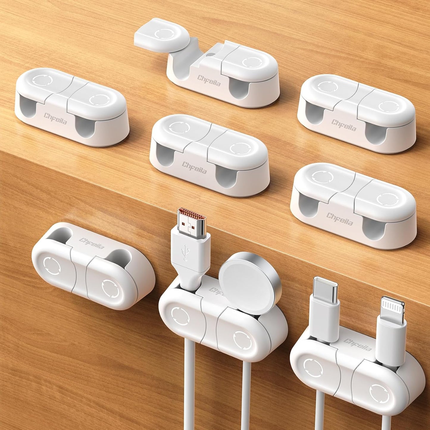 Magnetic Cable Clips - Chfeila 8Pack [Dual Slot] [360°Rotating & Twist-Lock] Cord Management, Adhesive Phone Charging Keeper, Wire Organizer Holder for Nightstand, Home Office Desk Accessories Decor