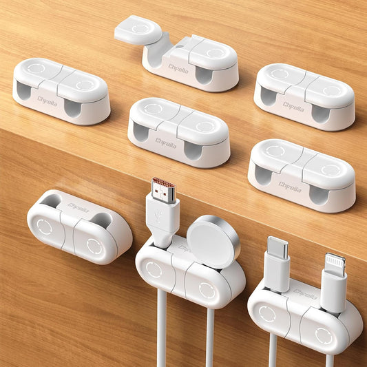 Magnetic Cable Clips - Chfeila 8Pack [Dual Slot] [360°Rotating & Twist-Lock] Cord Management, Adhesive Phone Charging Keeper, Wire Organizer Holder for Nightstand, Home Office Desk Accessories Decor