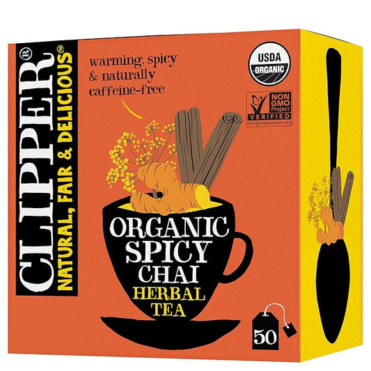Clipper Tea Spicy Chai Herbal Tea – Caffeine Free, USDA Organic, Great Hot or Iced – Warming, Spicy, Natural, Fair & Delicious – 50 Tea Bags