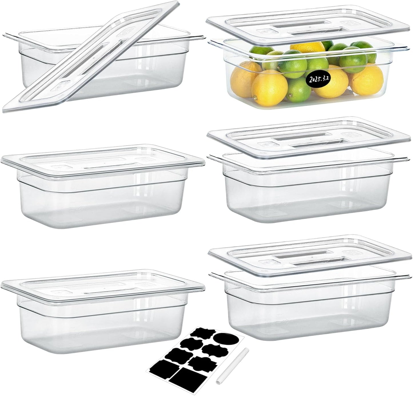6 Pack NSF Food Pans with Lids, 1/3 Size 4'' Deep Commercial Food Storage Containers, Polycarbonate, Clear