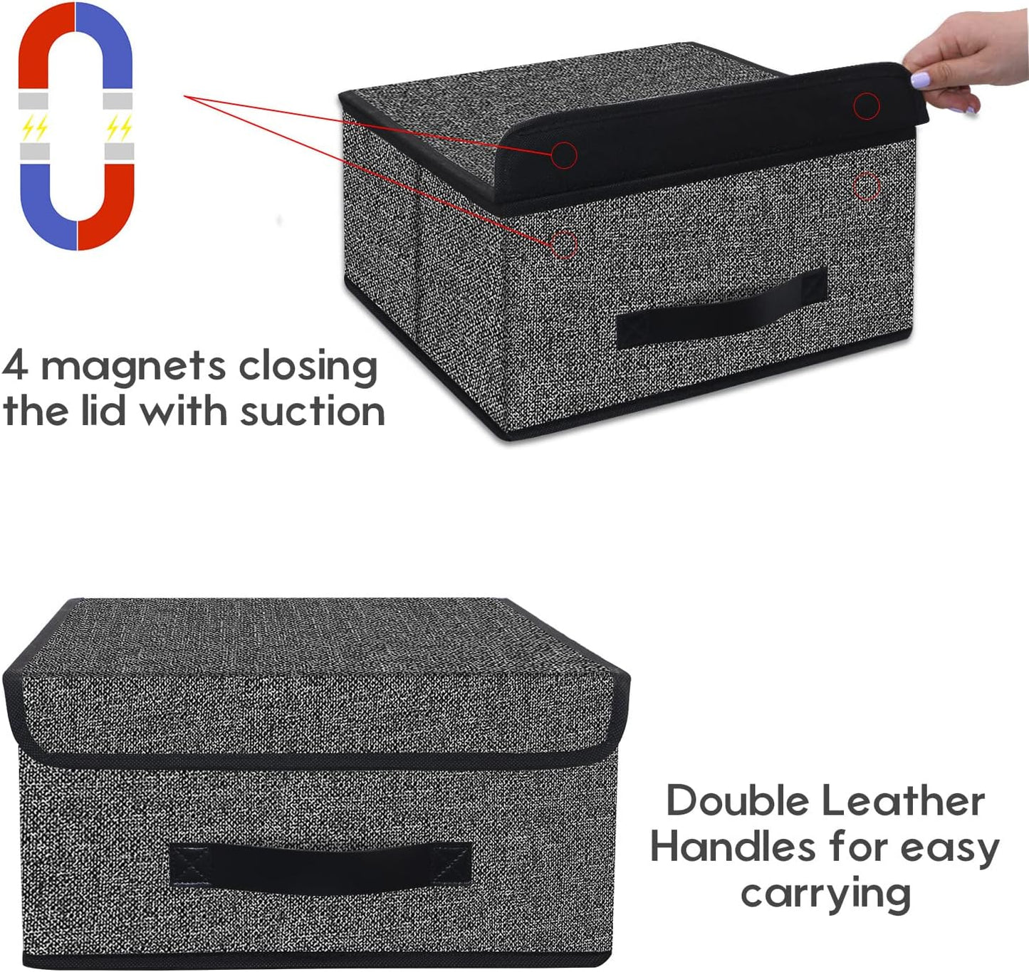 Onlyeasy Foldable Storage Bins Cubes Boxes with Lid - Storage Box Cube Cubby Basket Closet Organizer Pack of Two with Leather Handles for Closet Bedroom, 13"x13", Black, 8MXALB2P