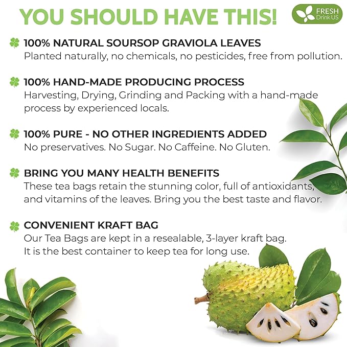 FreshDrinkUS, Premium 15 Soursop Graviola Leaf Tea Bags, 100% Natural & Pure from Soursop Leaves, Hoja Guanabana Herbal Tea. Made with Natural Material Tea Bags. No Sugar, No Caffeine, Vegan.