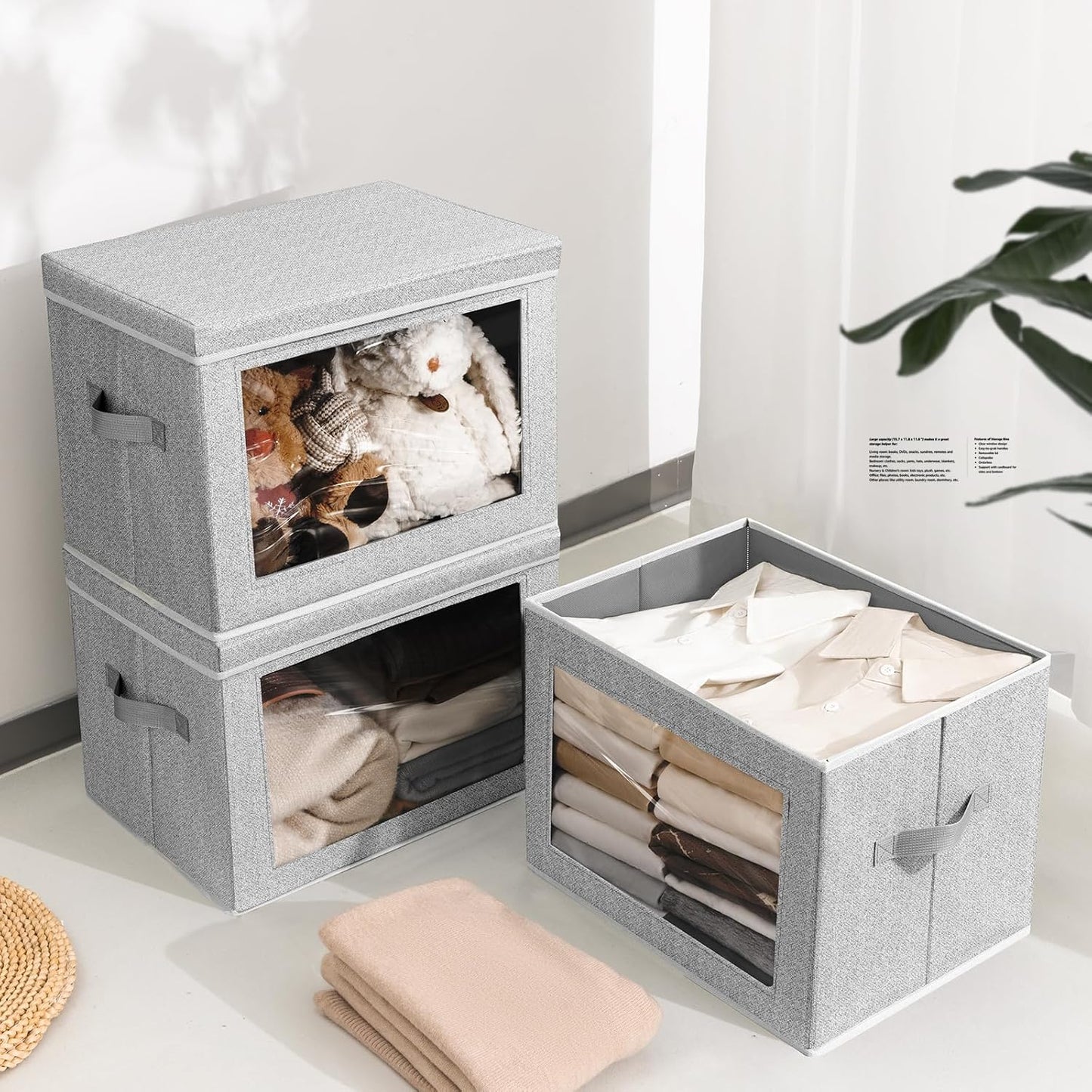 Stackable Storage Bins with Lids - Medium Storage Box with Lids, Foldable Closet Boxes for Organizing, Wardrobe Clothes Organizer with Window, Cubes Bins for Living Room, 5 Pack, Blended