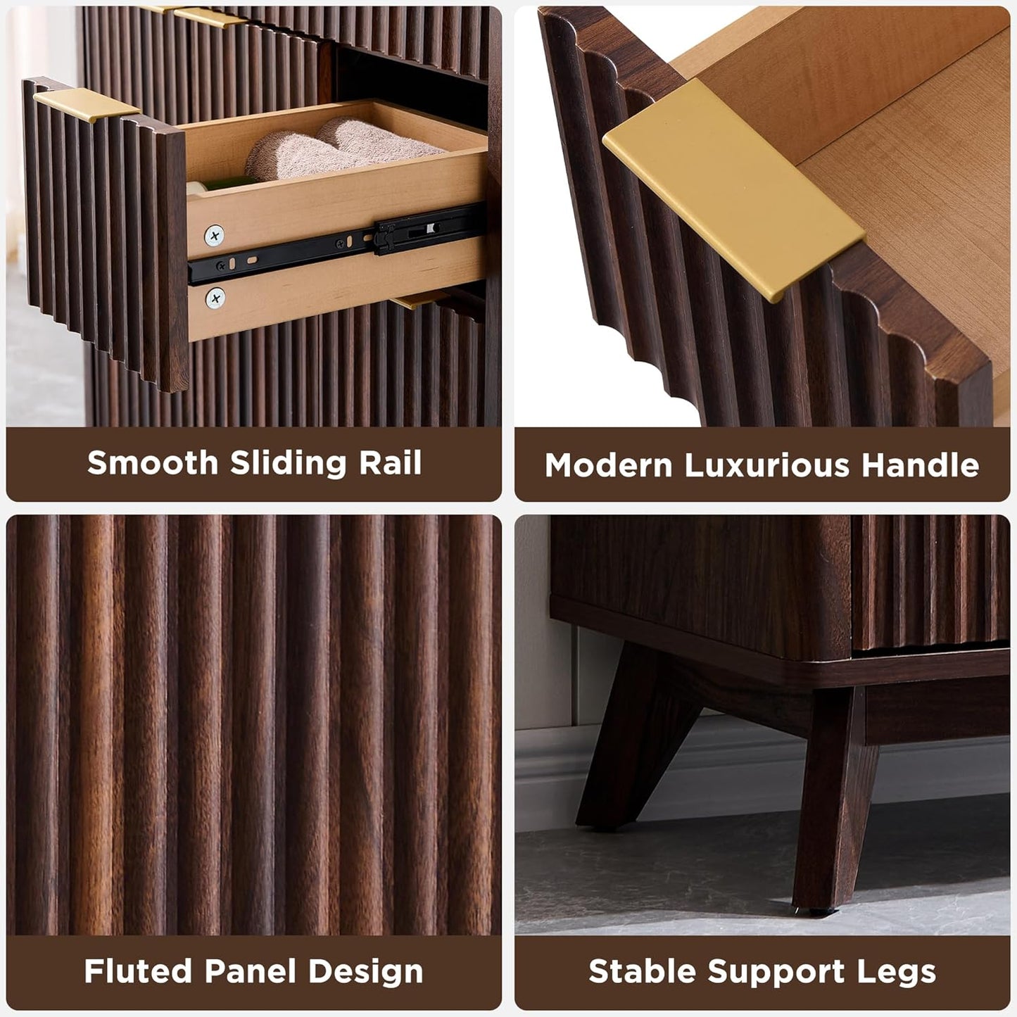 T4TREAM 30" Fluted Bathroom Vanity with Ceramic Sink Combo，Freestanding Modern Bathroom Storage Vanity Cabinet with 2 Soft Closing Doors & 3 Drawers，Wood Grain Texture，Metal Handle，Dark Walnut