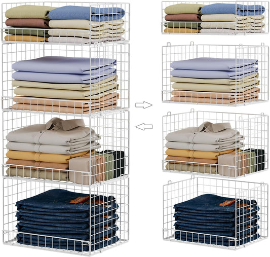 4 Tier Stackable Closet Organizers and Storage Shelves, Foldable Closet Shelf Organizer System, Stackable Storage Bins Drawers for Clothes Organizer System, White(Patent Pending)