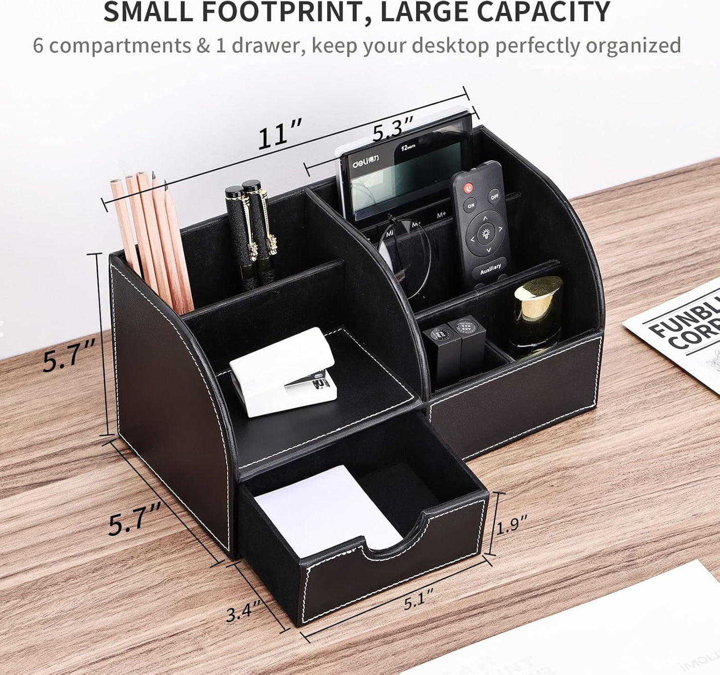 KINGFOM Pu Leather Desk Organizer Pen Pencil Holder Office Supplies Caddy Storage Box 6 Compartments with Drawer Black (Full Pu Leather)