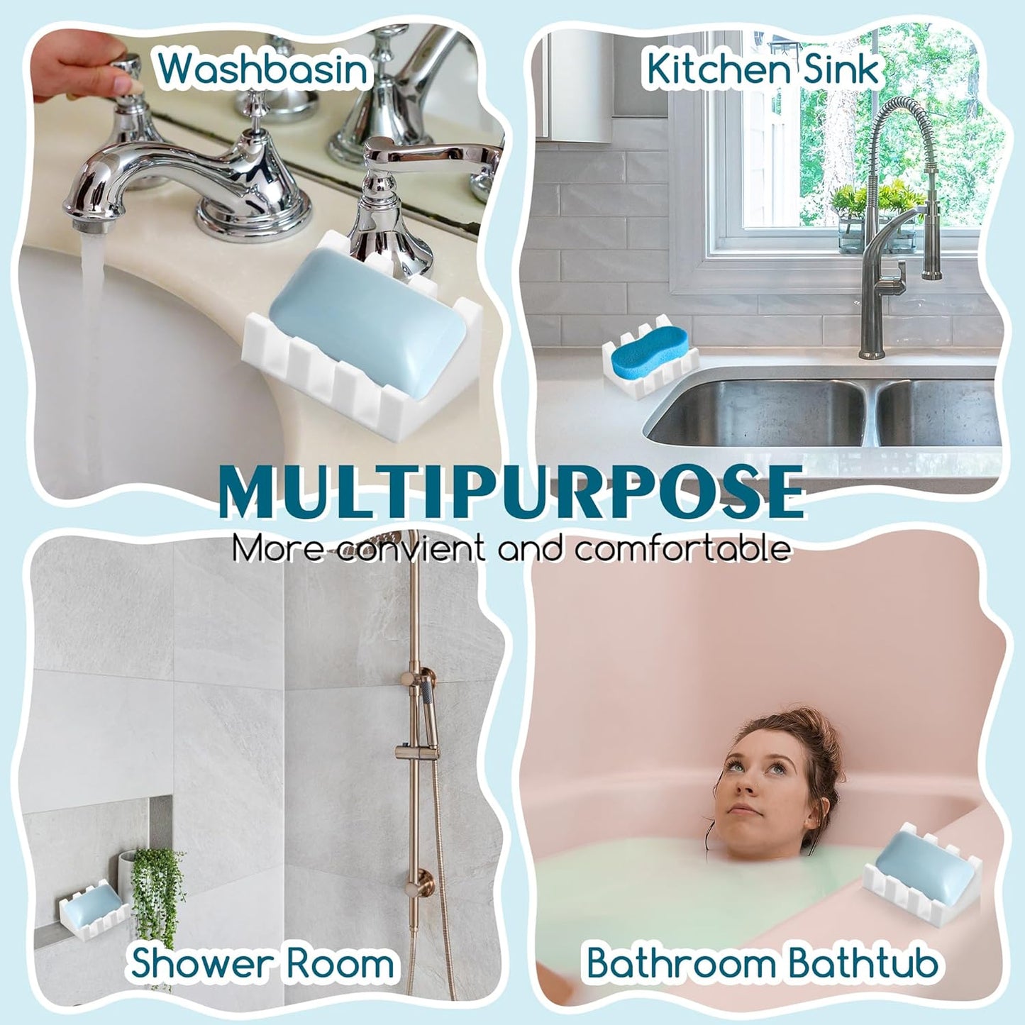 Silicone Soap Dish with Drain, Upgrade Double Suction Cups at The Bottom for Anti-Slip and Stability, Soap Dish Shower Waterfall Bar Soap Holder Tray with Drain Soap Holder (1, White)