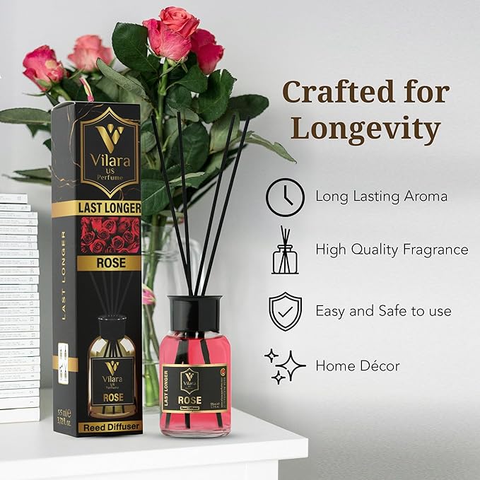 Reed Diffuser Set with Sticks for Home – Bathroom, Bedroom & Office Aromatherapy – Long Lasting Scented Oil Diffuser with Sticks – Luxury Room Fragrance Diffuser 55ml,1.7 fl oz (Rose)