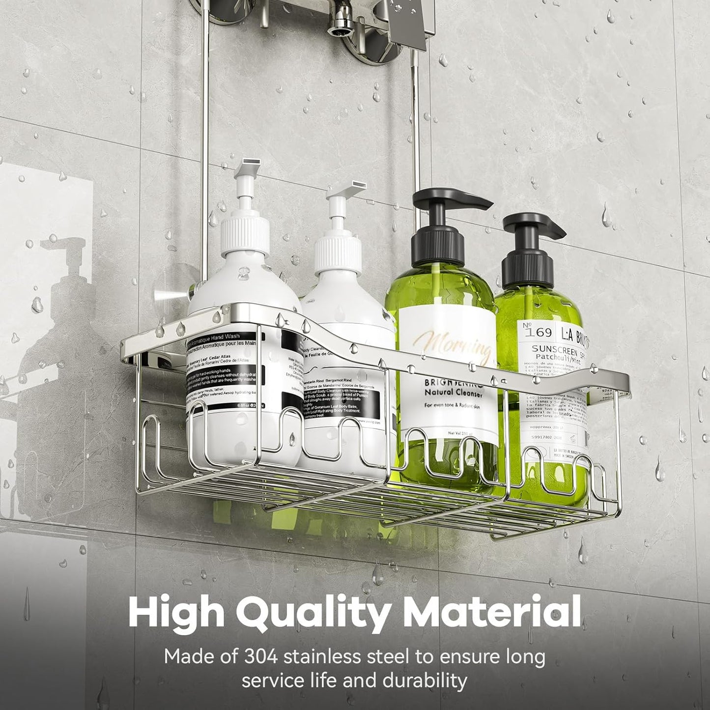 BYT Shower Caddy Hanging, Shower Organizer Hanging for Bathroom, Shower Basket with Hooks, Shower Storage, Shelf, Rack No Drilling for Faucet or Cross Bar (Silver)