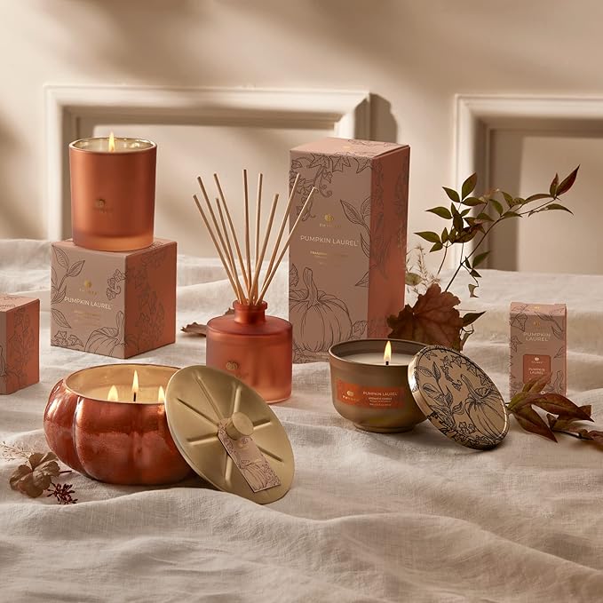 Thymes Petite Oil Reed Diffuser Set – Includes Reed Diffuser Sticks, Fragrance Oil, & Glass Bottle – Luxury Home Decor – Fall Decor – Fall Scents – Burnt Orange (Pumpkin Laurel, 4 fl oz)