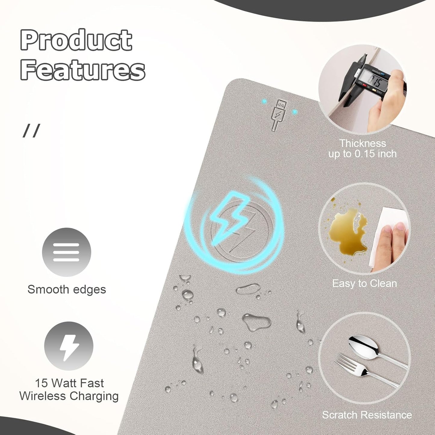 Wireless Charging Mouse Pad Firelison 2 in 1 Leather Multifunctional Office Desk Pad with Non-Slip Rubber Base, Waterproof Desk pad for Computers/Office/Work/Home/Decor（ 36" x 17"Grey - L）