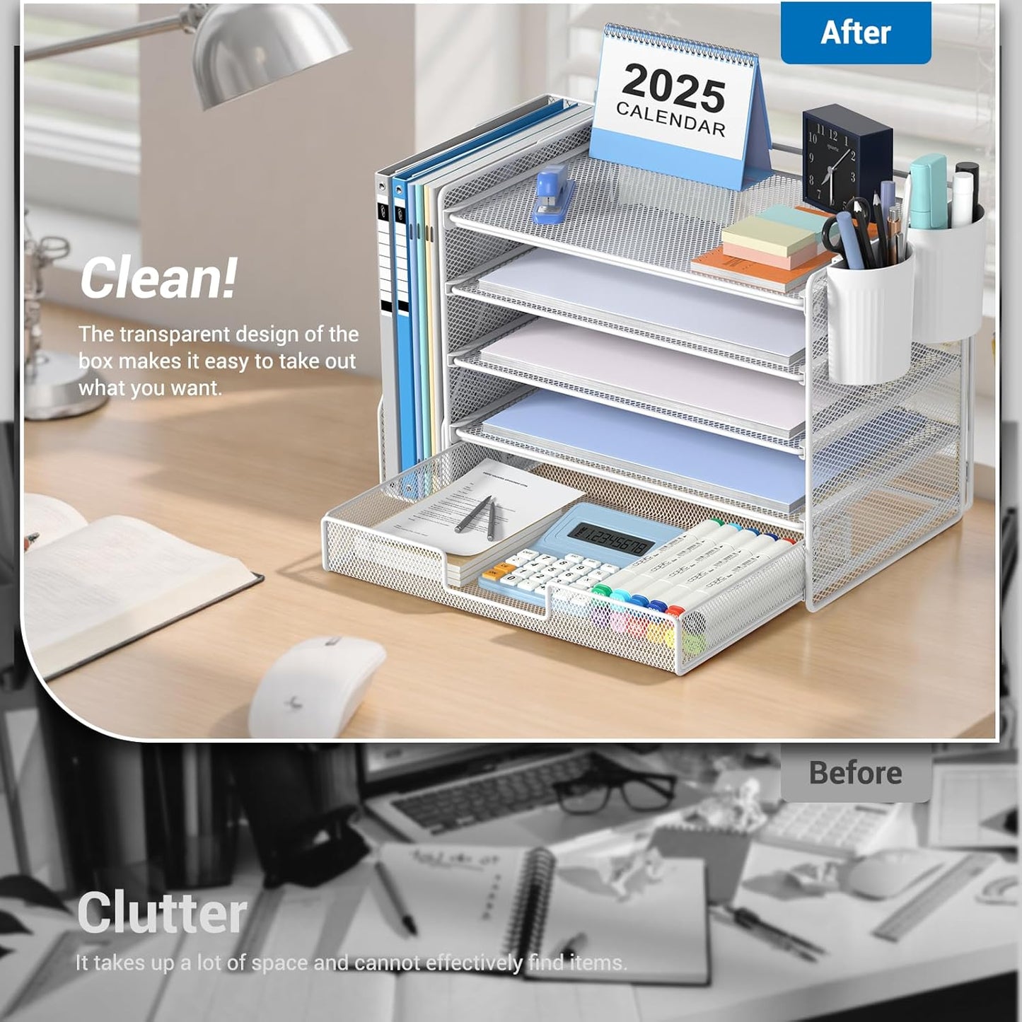 Desk Organizers and Accessories with File Holder, 5-Tier Office Desk Accessories & Workspace Desktop Organizer with Drawer and 2 Pen Holder, File Paper Organizer for Office Supplies(White)
