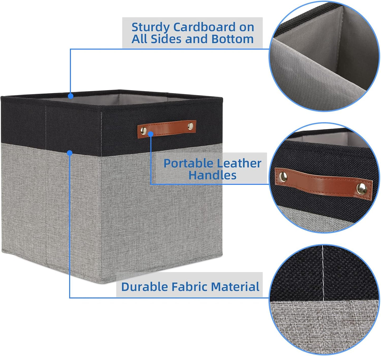 Temary 13 x 13 Storage Cubes Foldable Storage Cubes 4 Pack Canvas Storage Bin for Home, Square Storage Baskets with Leather Handles (Black&Grey)