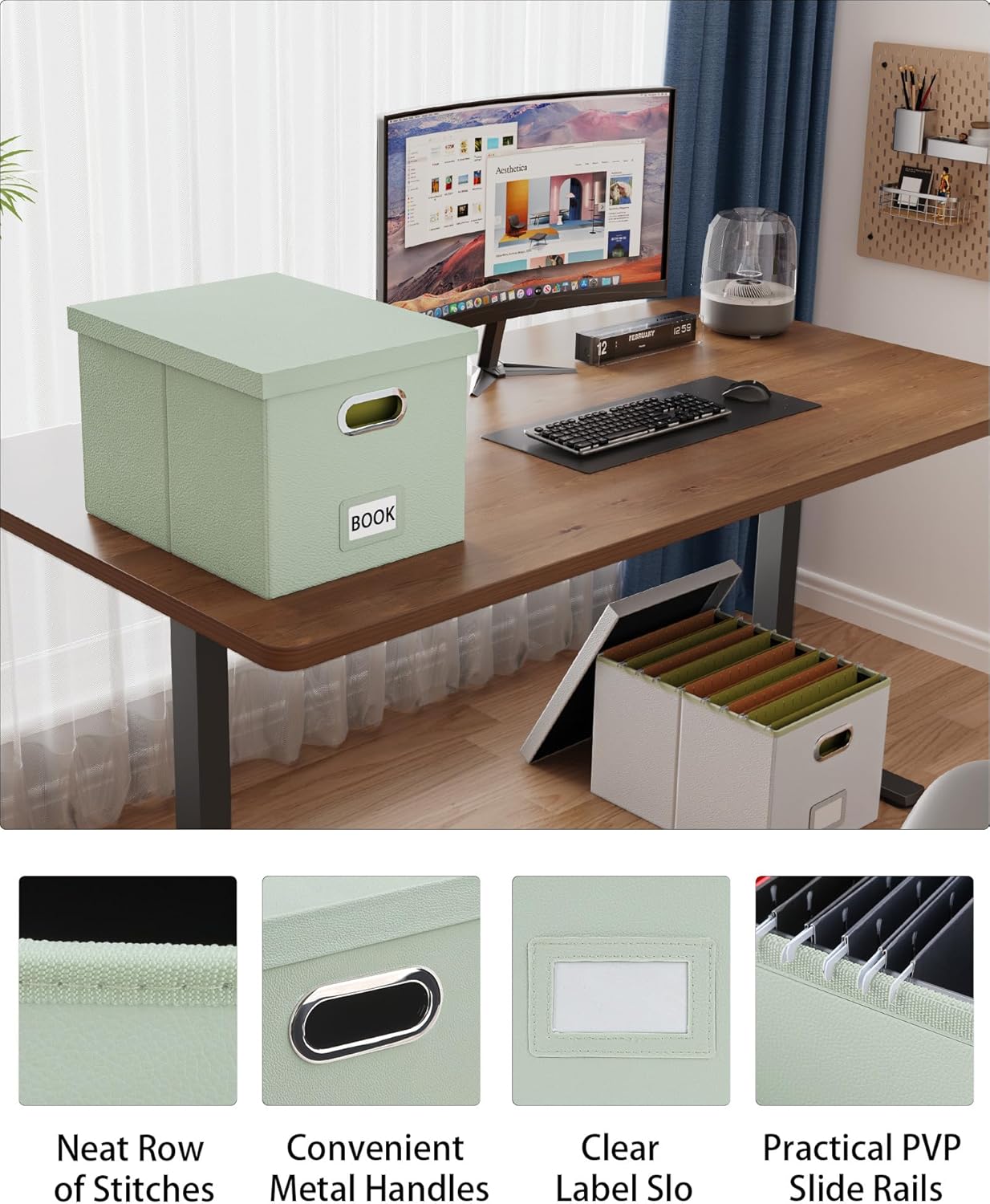 2 Pack File Storage Organizer Box,Filing Box,Portable File Box with Lid,Fit for Letter/Legal File Folder Storage, Grey-green(Leather)-Box only