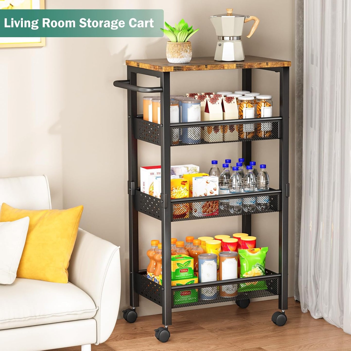 Utility Slim Storage Cart with Wheels, 4-Tier Narrow Rolling Organizer Shelf with Wood Top, Metal Storage Rack and Space-Saving Organizer for Bathroom, Kitchen, Laundry Room, Small Spaces