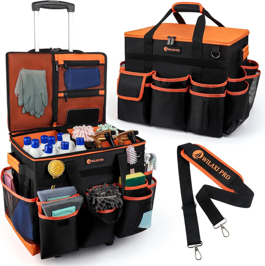 ﻿WILAXI PRO Large Rolling Cleaning Caddy with Wheels and Detachable Trolley, Extra Large Water-Resistant Cleaning Cart for Housekeepers, Cleaning Supplies Organizer with Multi-Pockets Tools Storage